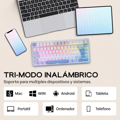 Image of EPOMAKER Aula F75 ISO-ES Wireless Mechanical Gaming Keyboard, 75% Spanish Layout with Knob, Creamy Gasket, Sound-Dampening, RGB, Hot-Swap, BT /2.4Ghz (Sea Salt Blue)