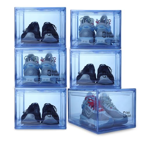 Image of House of Quirk Shoe Organizer, Shoe Storage Boxes, Large Shoe Boxes with Magnetic Door, Clear Stackable Plastic Shoe Containers (Pack of 6, Blue)