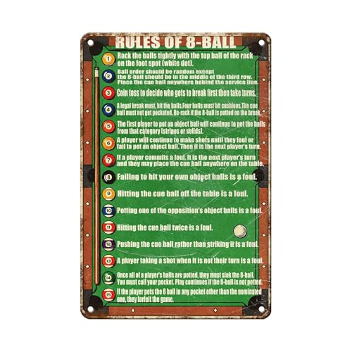 Vintage Pool Table Rules Tin Sign Retro Billiards Wall Decor for Game Room Man Cave Bar Pub Basement Funny Pool Hall Metal Poster Nostalgic Hanging Plaque 12 * 8In