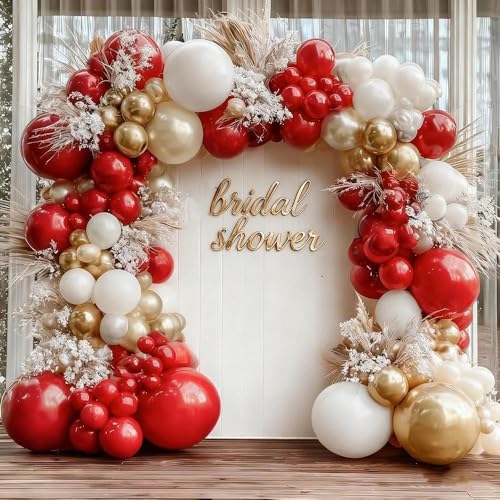 Image of Red White Gold Balloon Garland Double Stuffed Burgundy Red White Sand Pearl Balloon Arch Kit Maroon Wine Balloons for Birthday Bridal Shower Wedding Anniversary Graduation Party Decorations