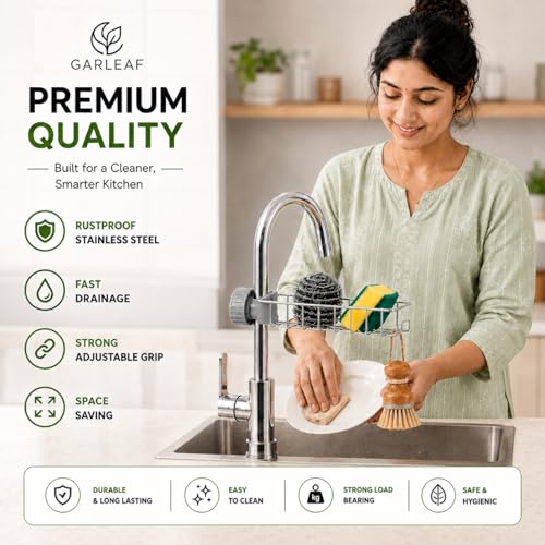 Image of Faucet Mounted Sponge Holder for Kitchen Sink - Stainless Steel Tap Storage Rack Organizer | Adjustable Clamp Basket for Scrubber, Soap, Dishwashing Accessories | Kitchen Sink Organiser