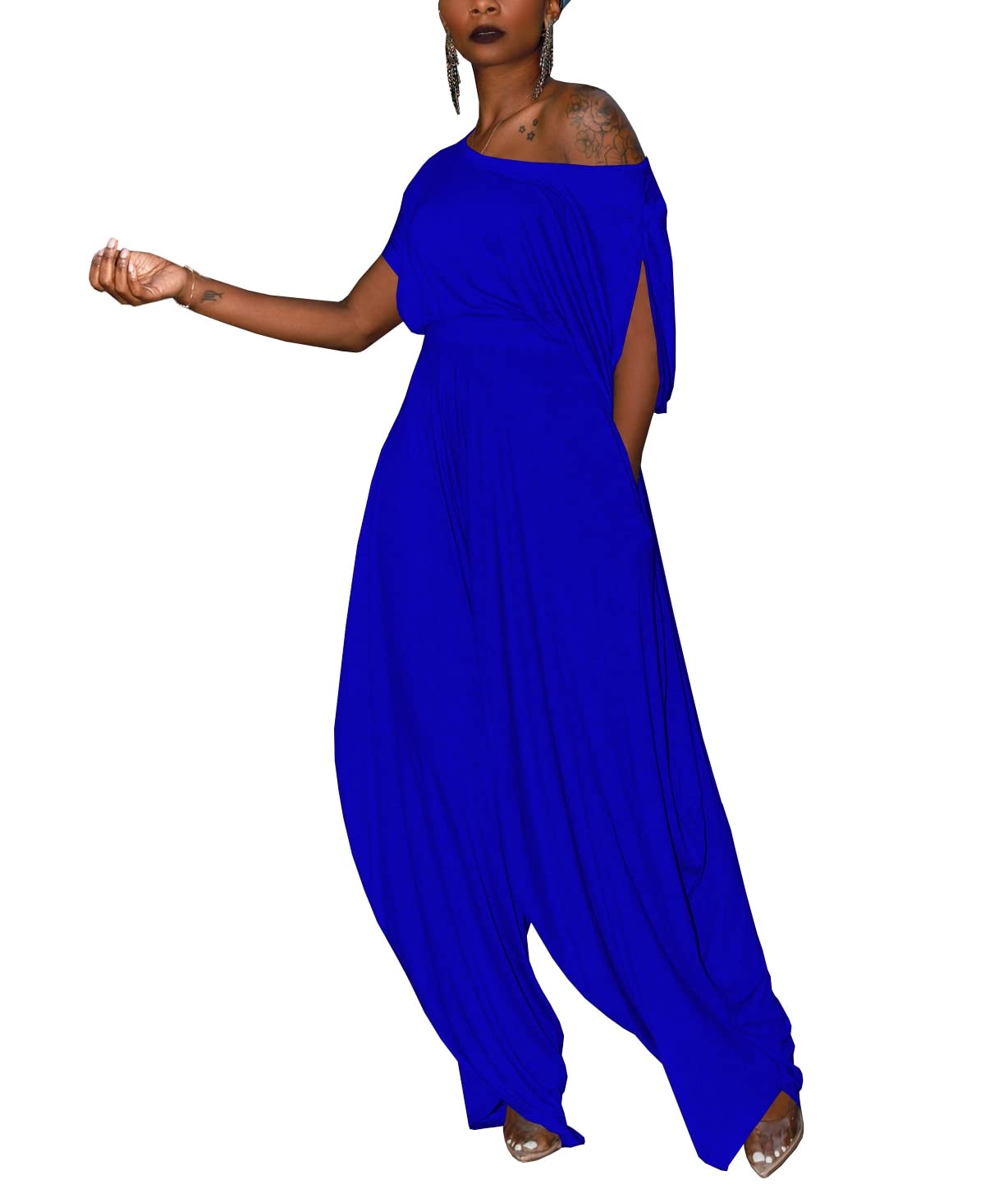 WOKANSE Tenue 2 pièces pour femme - Haut à manches courtes et épaules dénudées - Haut et pantalon sarouel ample