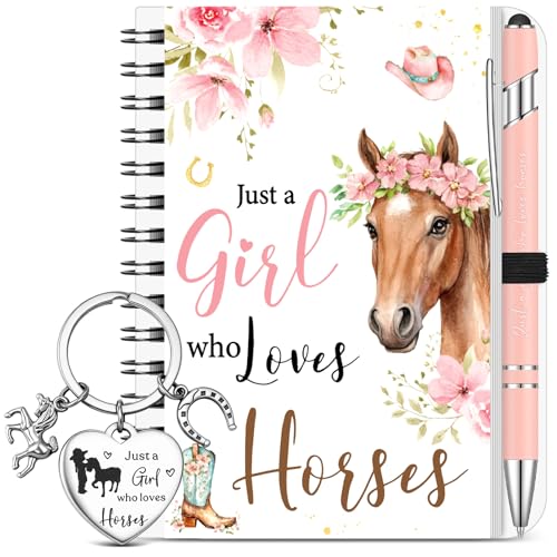 Sinmoe 3 Piezas Regalos de Caballos Just a Girl Who Loves Horses Diario Bolígrafo Llavero Artículos para Amantes de la Equitación Regalos de Cumpleaños y Navidad para Mujeres