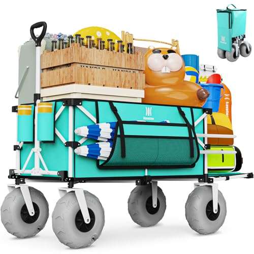 Navatiee 260L Beach Wagon with Extended Tailgate, 440lbs Heavy Duty Beach Cart with 9” Big Balloon Wheels for Sand, Collapsible Folding Wagon with Side Pocket for Outdoor, Light Blue