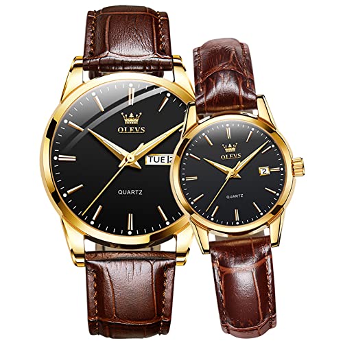 Image of OLEVS Couple Watches Quartz Calendar Luminous Waterproof Leather Luxury Casual Wrist Watch for Men & Women Best Gift for Anniversary, Valentine's Day