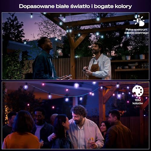 Philips Hue Festavia Globe Oświetlenie Na Zewnątrz, Biała i Kolorowa Atmosfera, 7 M, 10 Żarówek, Ściemniane, Sterowanie za pomocą Aplikacji Hue, Współpracuje z Alexa, Google Assistant i Apple Home