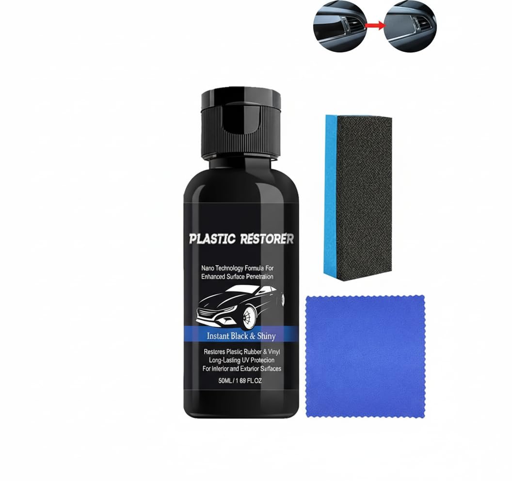 Black Plastic Restorer for Car Interiors, Dashboard Restorer to Prevent Drying & Aging, Easy-to-Use Solution for Vinyl, Rubber, and Plastic Surfaces (50ml)