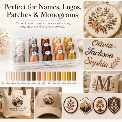 Image of Simthread 15-Color Polyester Machine Embroidery Thread Set, Brown Series | 15 coordinated 1000M polyester spools for machine embroidery, quilting, patches, monograms and everyday sewing.