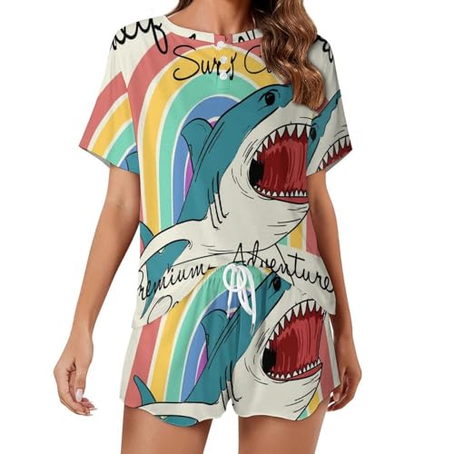 Pyjama Requin Arc-en-Ciel pour femme avec haut manches courtes et short d'été confortable