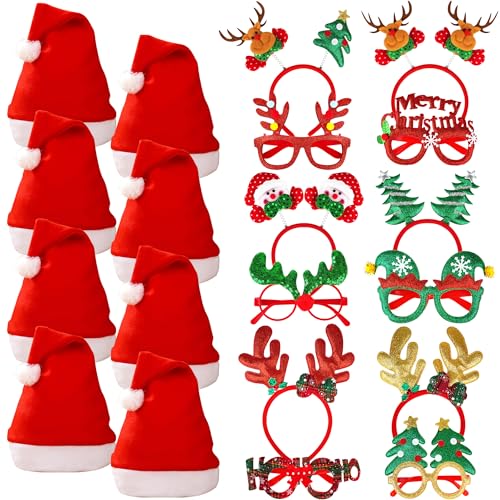 Image of fiintrwa Christmas Headband Beads Necklace Hair Hoop Eyewear Eyeglass Santa Hat Photo Props for Xmas Party Decoration Supplie
