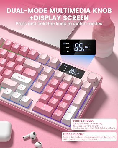 Image of Keymatic Gaming Keyboard Wireless Creamy Keyboard with Media Knob & Screen Cute Keyboard Mechanical Feeling with Number Pad RGB Backlit Tri-Mode BT /2.4GHz /USB-C - Pink