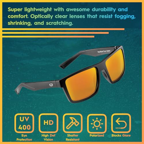 Flying Fisherman Swirl Rectangular Polarized Sunglasses, Matte Black Frame/Amber-Red Mirror Lens, Medium2