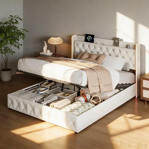 HYNHXBP Lit Coffre 160 x 200 cm, avec Lumières LED et Ports USB, Lit Double Capitonné avec Rangement et Tête de Lit Confortable, pour Adultes et...