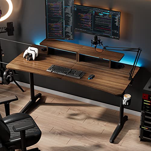 Eureka Ergonomic 60 Inch Computer Desk With Monitor Stand, Sturdy Curved Edge Home Office Desk With Full Mouse Pad, Large Gaming Studio Table For 3 Monitors With Cup Holder And Headphone Hook, Walnut #TOP3