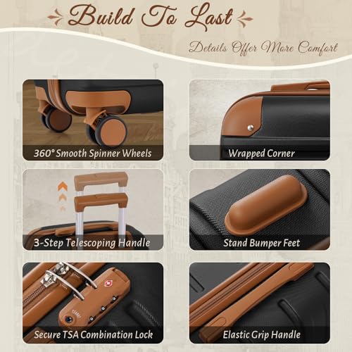 TAKUMI Luggage Sets 5 Piece Lightweight Carry On luggage with Duffel Bag ABS+PC Hardshell Suitcases with YKK zippers Double Spinner Wheels Travel Luggage with TSA Lock(BLACK BROWN, 5 PIECE SET)4