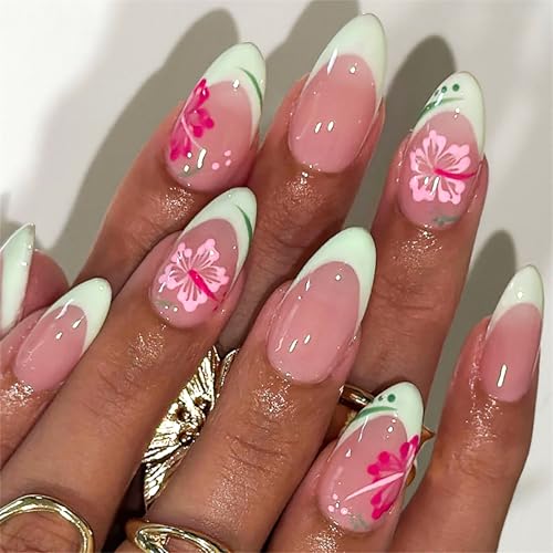 French Tip Press on Nail Almond Medium Fake Nails with Flower Des...