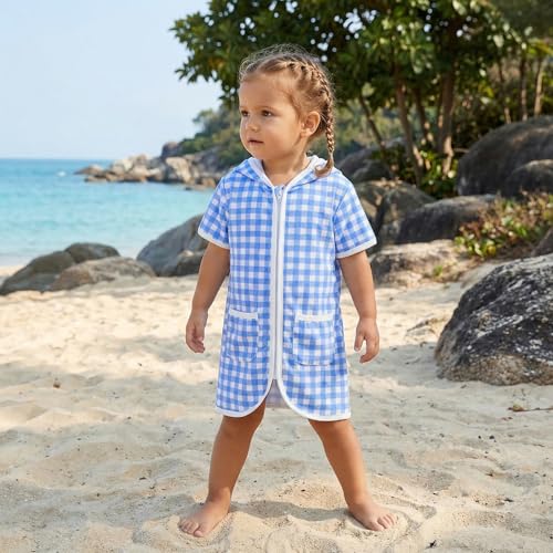 Image of Girls Boys Hooded Terry Coverups One Piece Swimsuits Summer Striped Trim Zip Up Short Sleeve Swim Cover Up Beachwear