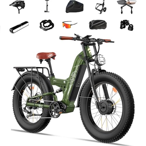 FREESKY Dual Motor Electric Bike for Adults, 48V 30Ah Battery 190KM Long Range AWD Mountain E-Bike, 26" Fat Tire Full Suspension Off-road Electric Bicycle with Dual Hydraulic Disc Brake Warrior Pro