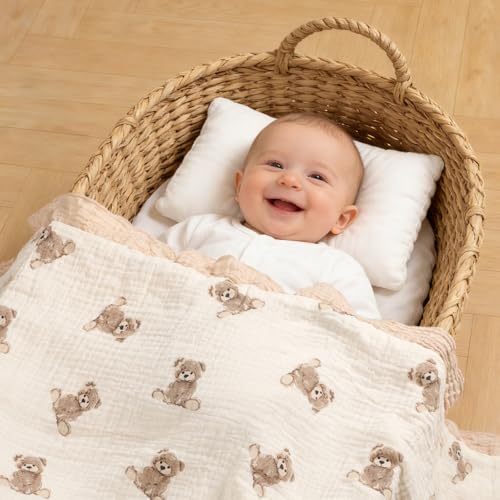 Image of 100% Organic Cotton Muslin Baby Blanket Flounce Edge Large 50 inchx43 inch Teddy Bear, Soft Breathable Toddler Quilt Crib Blankets Gender Neutral for Baby Boys and Girls Bassinet, Bed, Stroller & Snuggling