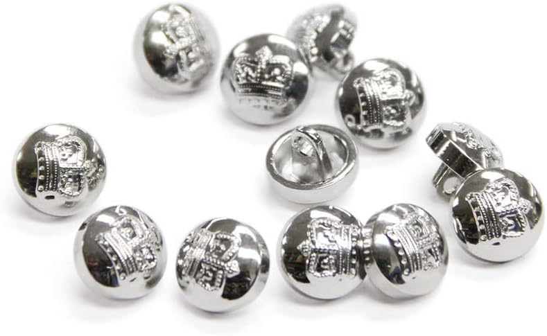 Set of 12 Tiny Metal Crown Buttons, Silver Color, Made in China