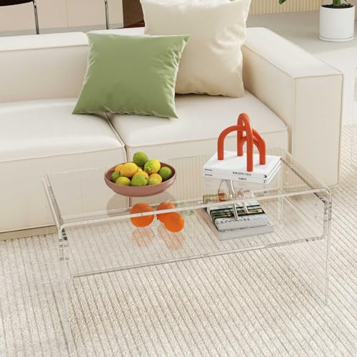 Image of MESAILUP 32inch Premium Clear Acrylic Rectangle Coffee Table with Storage Shelf for Living Room,Mid Century Transparent Waterfall Low Tea Table, Middle Size Table (32 inchx16 inchx16 inch) Fit for 2 Seat Sofa