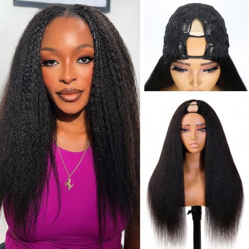 V Part Kinkystraight Wig Human Hair with Drawstring 250% Density Glueless U Part Upgraded 100% Unprocessed Human Hair Wigs for Women No Sew in V Shape Clip In Yaki Straight Half Wig Human Hair 18Inch