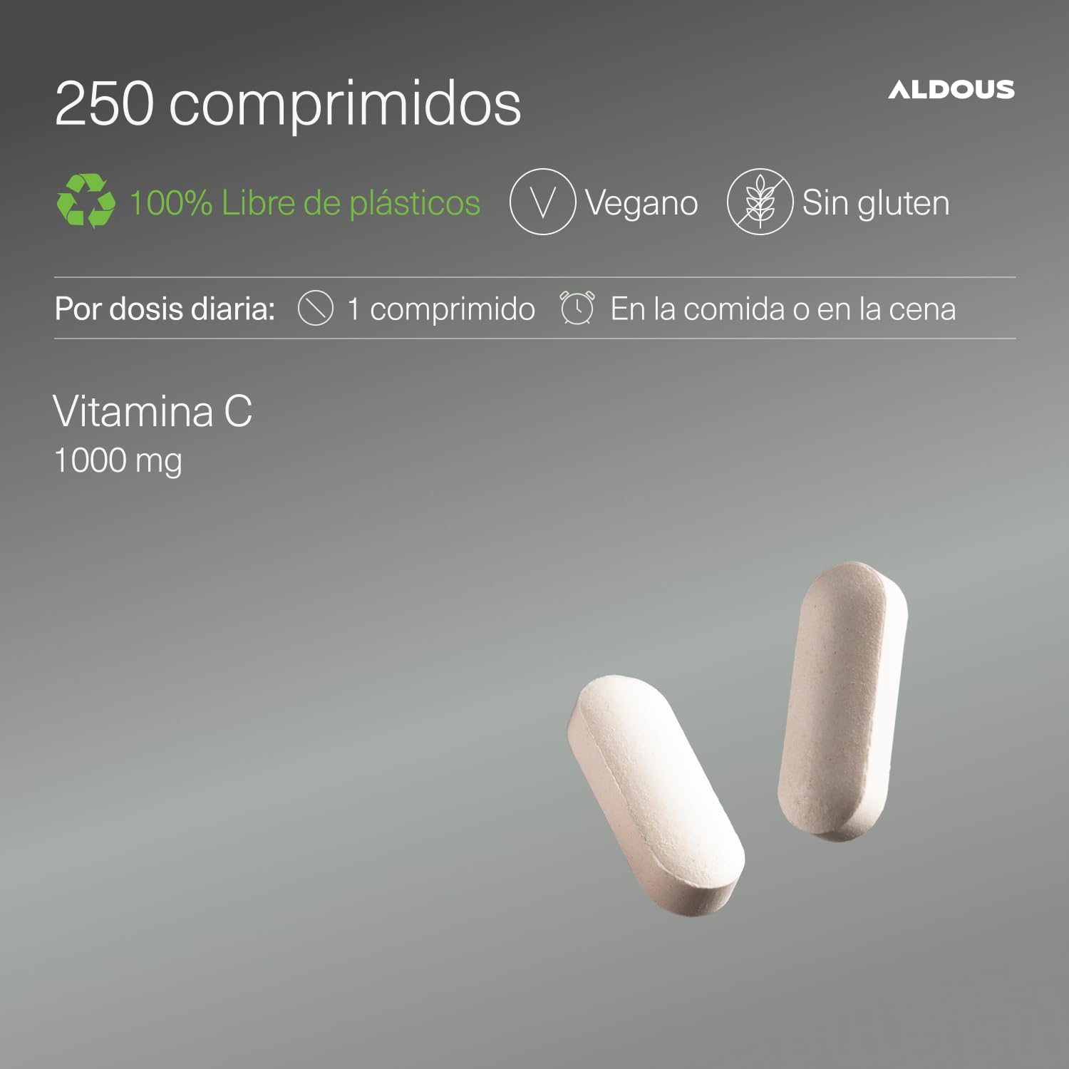 Vitamina C 1000 mg - Suministro para +8 meses - 1 tableta al día - Vitaminas para el Cansancio, Sistema Inmune y Defensas - 1000mg Vitaminas C - 250 Comprimidos - Vitamina pura - ALDOUS