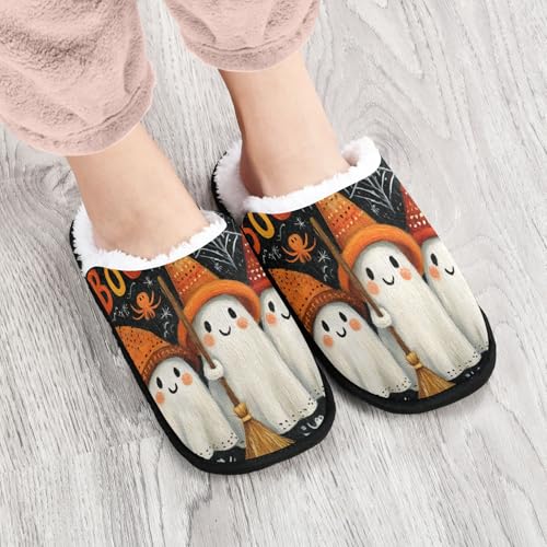Halloween Ghosts Cartoon Orange Slippers For Women Men Soft Memory Foam Non-Slip Hallowmas Winter Indoor House Shoes Travel Slipper4