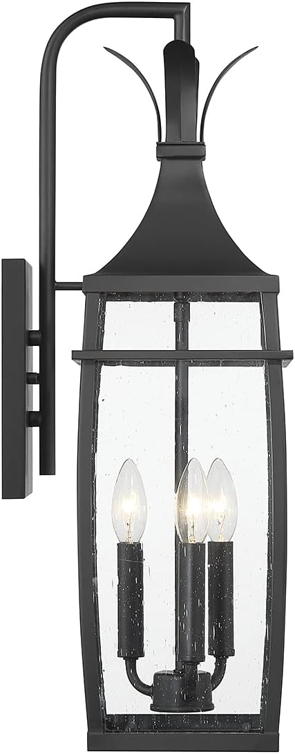 Savoy House 5-765-BK Montpelier Modern Farmhouse Clear Seeded Glass Outdoor Wall Lantern, 3-Light 120 Total Watts, 25" H x 8" W, Matte Black