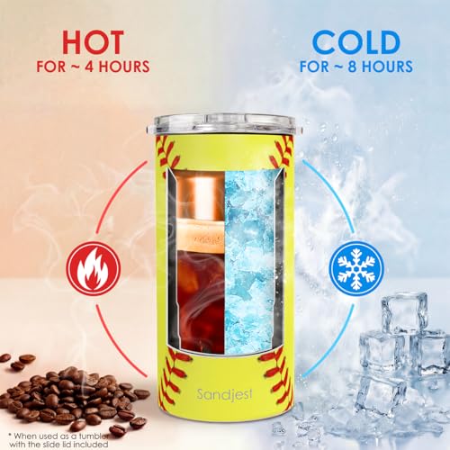 Image of Softball Can Cooler 12oz - Travel Mug Cups - Stainless Steel Insulated for Men Women Players - Tumbler Cans Koozie, Sport Gift for Fan Coach Lovers