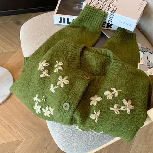 Vintage Cozy Cardigan Bohemian Flower Embroidery Autumn Winter Prairie Sweater Green Cashmere Top3