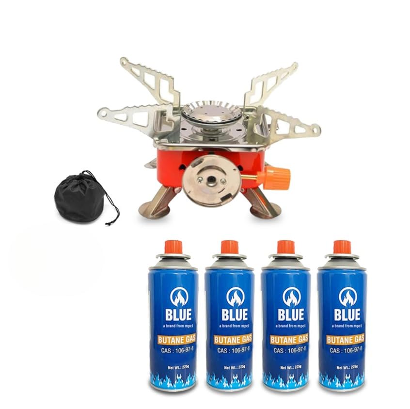 Image of camping stove with cylinder | camping gas stove | Camping Stove - 2800W Ultra-Light Picnic Cooking Gas Burner, Folding Emergency Stainless Steel (Stove + 4 Butane)