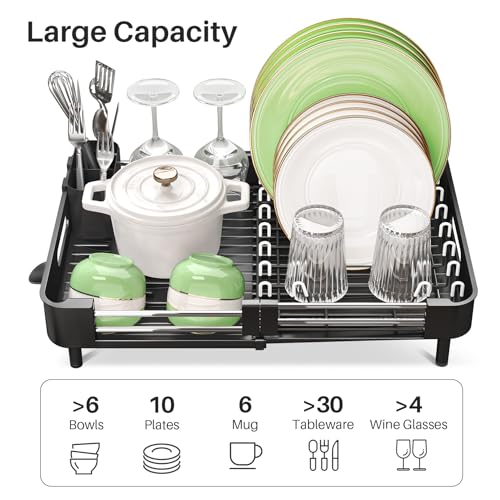 SAYZH Dish Drainer Rack, Expandable Stainless Steel Sink Dish Rack and Draining Board Set, Dish Drying Rack with Utensil Holder and Swivel Drainage Spout for Kitchen Counter, Black - Image 6