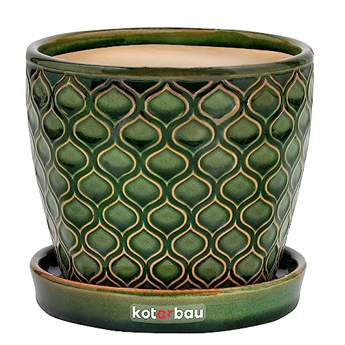 KOTARBAU® Maceta de cerámica esmaltada, Ø 15cm, Tiesto Decorativo para Plantas, Macetero con Plato Redondo para Interiores, Minimalista, Verde, Vintage, Macetas Elegantes, Estilo clásico, Maceteros