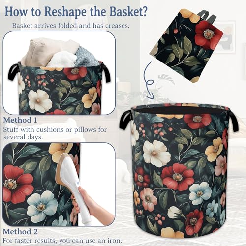 Image of Floral Boho Laundry Basket,Foldable Oxford Cloth Pink Flower Vintage Laundry Hamper with Handles, 20.8 inchx16 inch Tote Bag Clothes Storage Bucket for Laundry Room /Bathroom /Bedroom /Dormitories