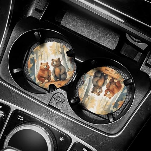 Portavasos para carro de madera 2 piezas diseño oso miniatura 1
