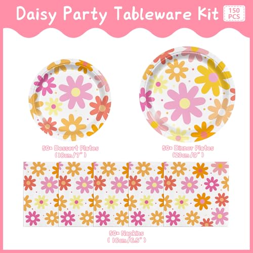 Image of 150pcs Groovy Daisy Birthday Party Paper Plates Napkins Set, Serve 50 Guest
