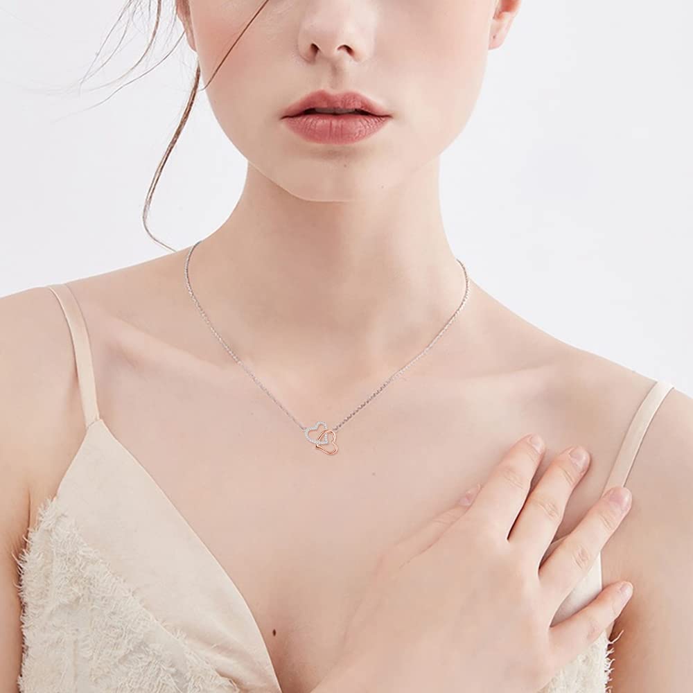 Collar de las Señoras de Plata Esterlina 925 Corazones Entrelazados Collar de las Señoras Colgante Para las Niñas las Mujeres con Caja de Joyería (plata y oro rosa)