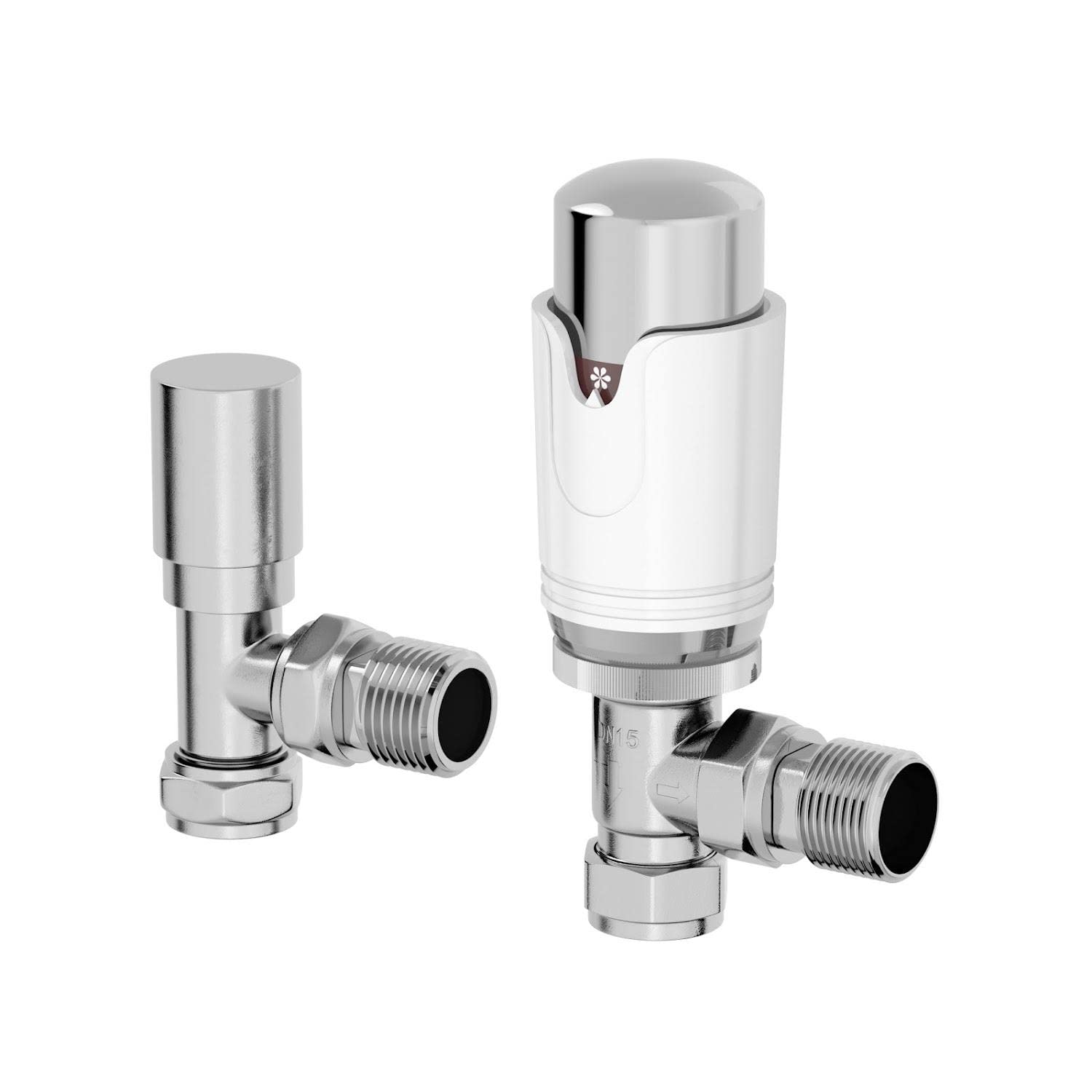 DuraTherm® Thermostatic Radiator Valve Pack Set, 15mm Lockshield TRV & Thermostat, White Valves for Radiators, Angled
