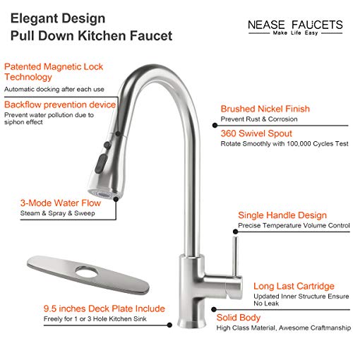 Kitchen Faucet with Pull Down Sprayer, Kitchen Sink Faucet, Single Handle High Arc Pull Out Brushed Nickel Sinks Faucet