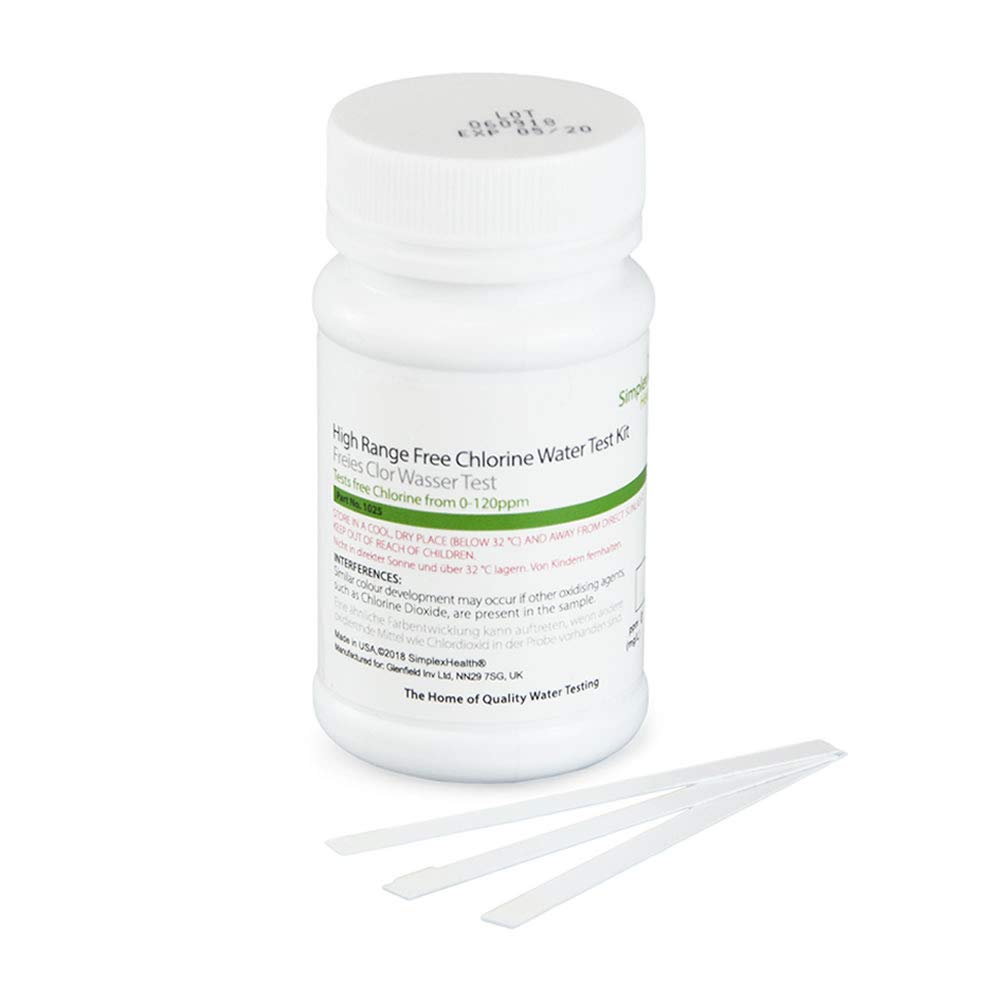 Simplexhealth sin Cloro Alta Gama Agua Tiras Reactivas (50 Tiras) Sensibilidad Niveles: 0, 1, 5, 10, 20, 40, 80, 120 Ppm (Mg/L)