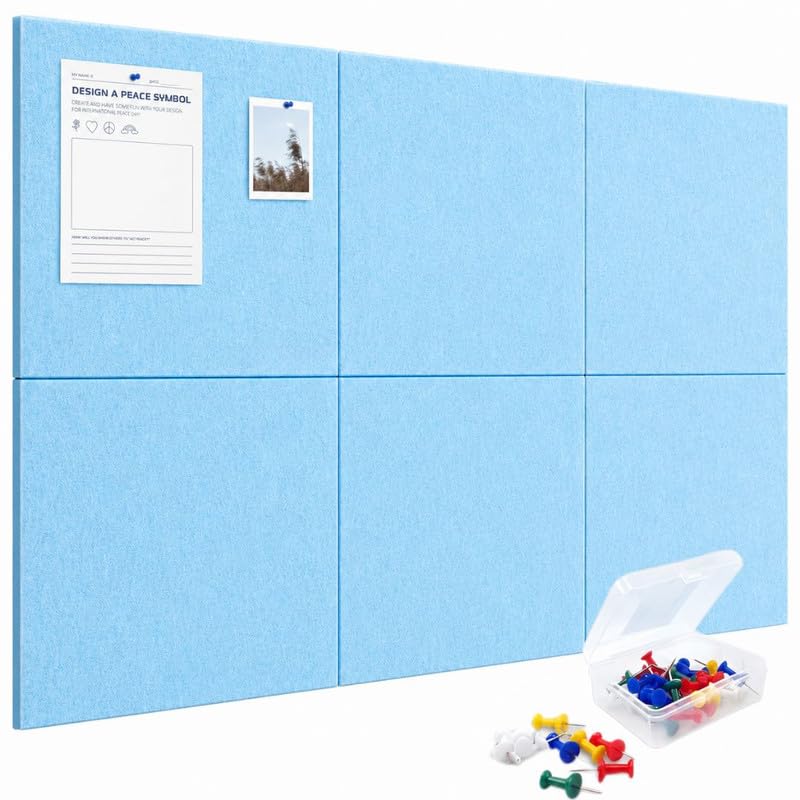 Image of QUIET CANVAS Acoustic Wall Square Pinboard, 1x1ft, Pack 6, 50PushPins Blue