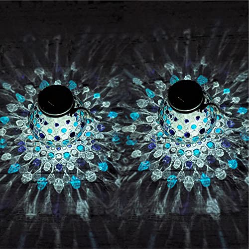 New Gadgy ® Lanterne Solaire Set Rouge | 2 Pièces | LED Lampe de Table Décorative en Verre pour Jardin | Boule avec Lumière Effet Mosaïque avec Poignée Corde pour Suspendue (Bleu)