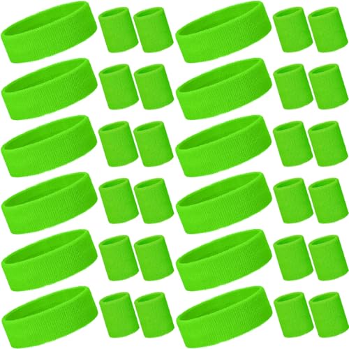 Image of Bememo 36 Pcs Neon Sweatbands Set for Kids 12 Headbands 24 Wristbands Bulk Sports Sweat Bands Athletic for Children Basketball Tennis Running Gym Student Gifts Glow Party