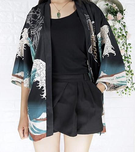 Image of LAI MENG FIVE CATS Women's Floral Print Loose Blouse Japanese Kimono Tops | Puff Sleeve,Cover up Top,Casual Cute Tops,Summer Cardigans 2026