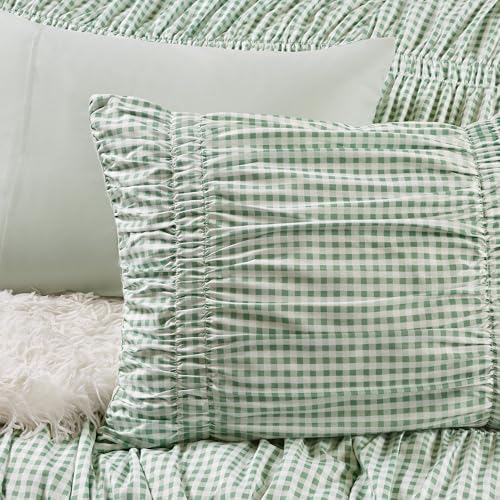 Image of Intelligent Design Ruched Shabby Chic Green Queen Comforter Set, 3pc | Girls Bedding Set, French Country, All Season Down Alternative, Cozy, Machine Washable, Lightweight, Breathable