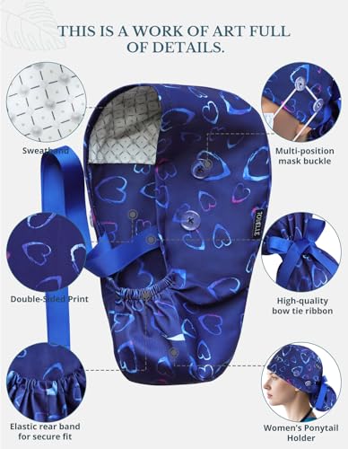 Ponytail-Scrub-Cap-for-Women--Blue-Heart-Surgical-Cap-with-Buttons-Sweatband-Double-Sided-Print-Adjustable-Surgical-Hat-for-Women-to-Secure-Long-Hair-and-Helps-Reduce-Static-Buildup