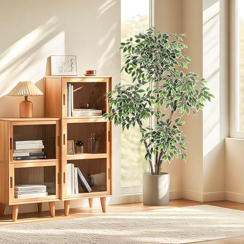 GarveeHome 6ft Artificial Ficus Tree,Tall Faux Floor Plant with White Tall Planter -Fake Plants for Home Decor Indoor with 4 Natural Trunks & White-Edged Leaves,Faux Greenery Tree for Garden Decor
