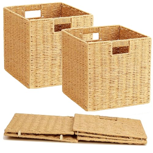 Image of DAJAMAI 10.5'' Foldable Large Cube Paper Rope Storage Baskets with Handles and Built-in Metal Frame, 2pcs Stylish and Durable Woven Open Storage Bins Perfect for Toy Shelves and Living Room Organizing