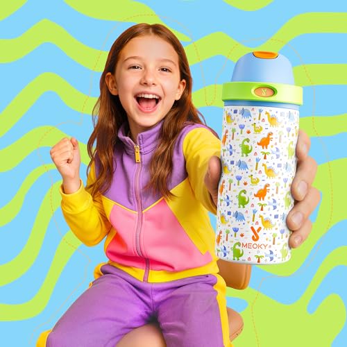 Image of Meoky 2 Pack 18 oz Insulated Stainledss Steel Water Bottles for Boys Girls | 2-in-1 Straw and Spout Lid, Leak Proof, Fits in Car Cup Holder, BPA-Free for School Gym Travel, Dinosaur Party & Pink Bows